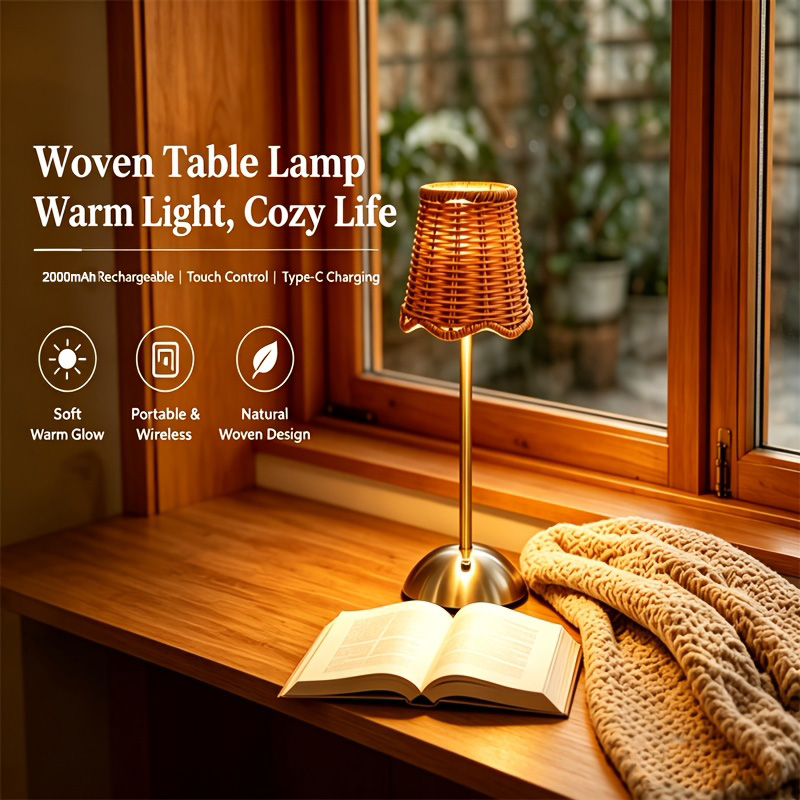 Home Decor Light - Lampu Meja Seni Anyaman Rotan Bohemian,