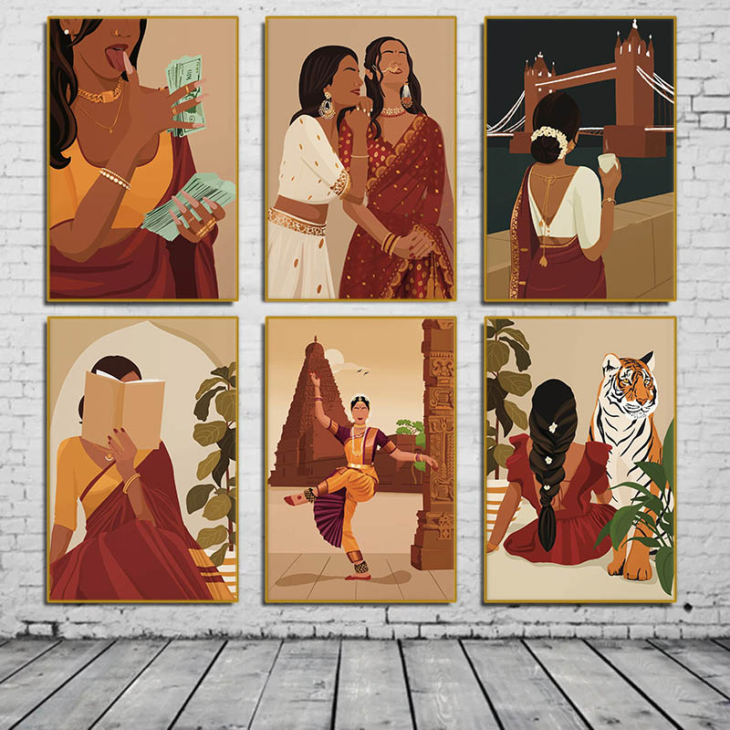 Home Decor Japandi - Wanita India Berbaju Saree Membaca Buku