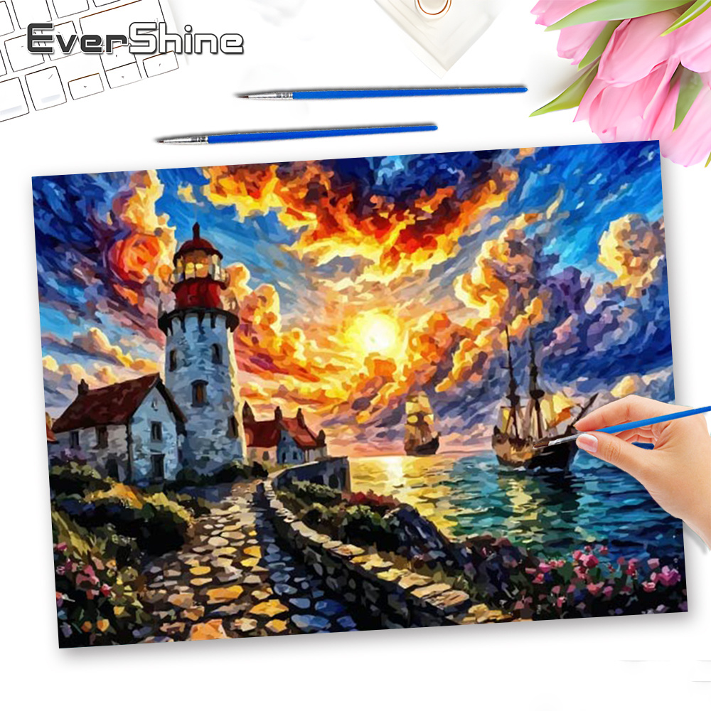Home Decor Daisy - Lukisan Minyak Lanskap Evershine, Lukisan Angka