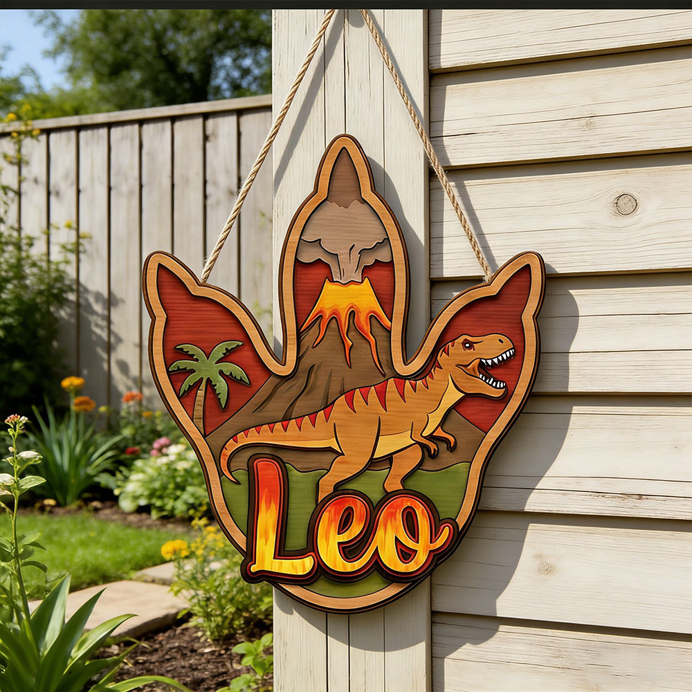 Home Decor Names - Plakat Gantung Kayu Nama Dinosaurus T-Rex