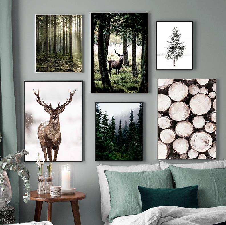 Home Decor Japandi - Lukisan Pemandangan Matahari Burung Hantu Rusa